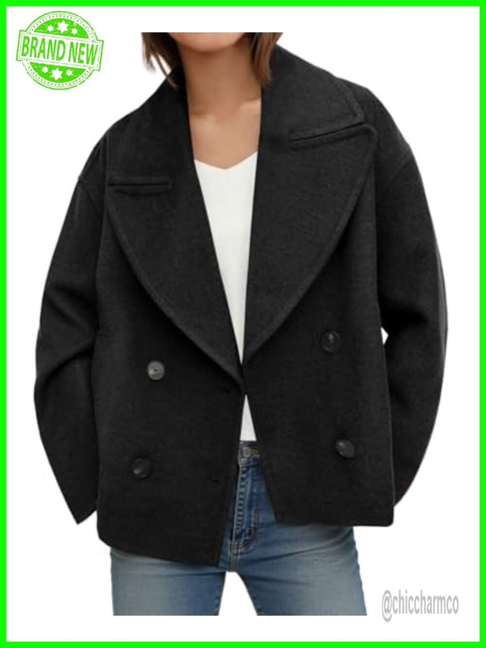 Cropped Wool Blend Pea Coat Double Breasted Notched Lapel Overcoat Jacket